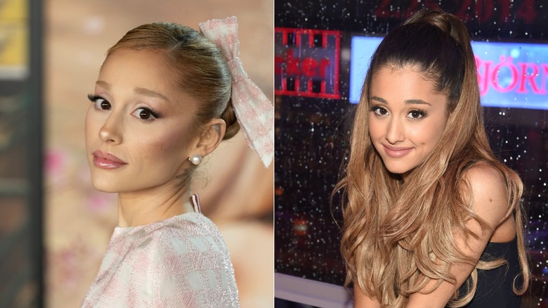Left: Ariana Grande at the Los Angeles premiere of 'Wicked' held at the Dorothy Chandler Pavilion in Los Angeles, USA on November 9, 2024 ; Right: Ariana Grande attends MTV's "Total Ariana Live" at MTV Studios on July 2, 2014