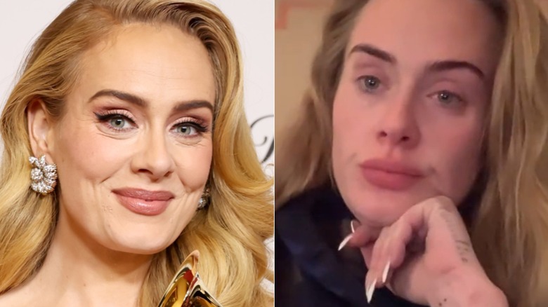 Adele with and without eyeliner, side-by-side photos