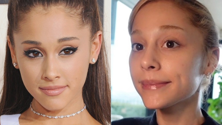 Ariana Grande with and without eyeliner, side-by-side photos