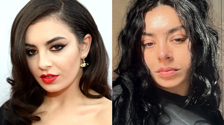Charli XCX with and without eyeliner, side-by-side photos