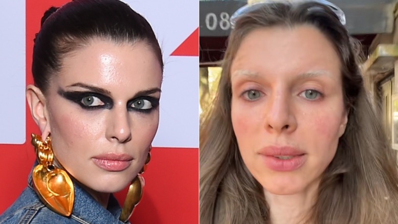 Julia Fox with and without eyeliner, side-by-side photos