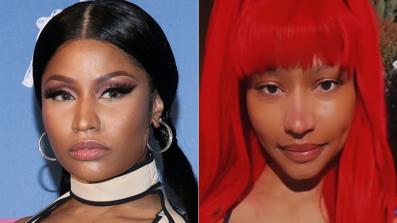Nicki Minaj with and without eyeliner, side-by-side photos