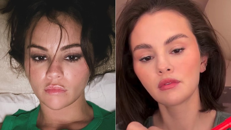 Selena Gomez with and without eyeliner, side-by-side photos
