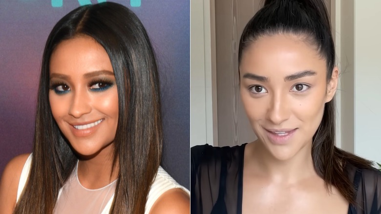 Shay Mitchell with and without eyeliner, side-by-side photos