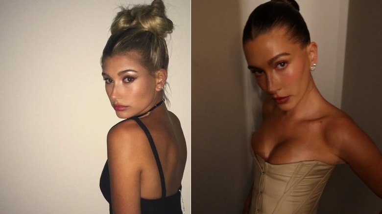 Hailey Bieber in 2016 and again in January 2026 in a beige corset