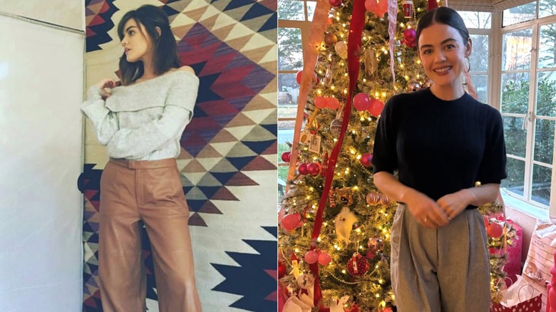 Lucy Hale on Instagram in a grey shirt and brown pants in 2016 and grey pants and a black shirt in 2025