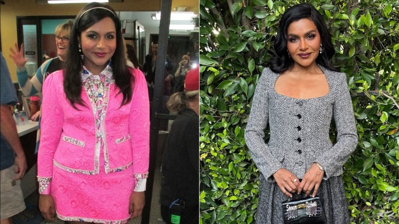 Mindy Kaling in 2016 in a pink skirt suit and Mindy Kaling in grey in 2026