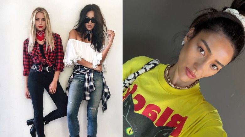 Shay Mitchell in 2016 in skinny jeans and sunglasses and again in 2025 in a yellow shirt with sunglasses