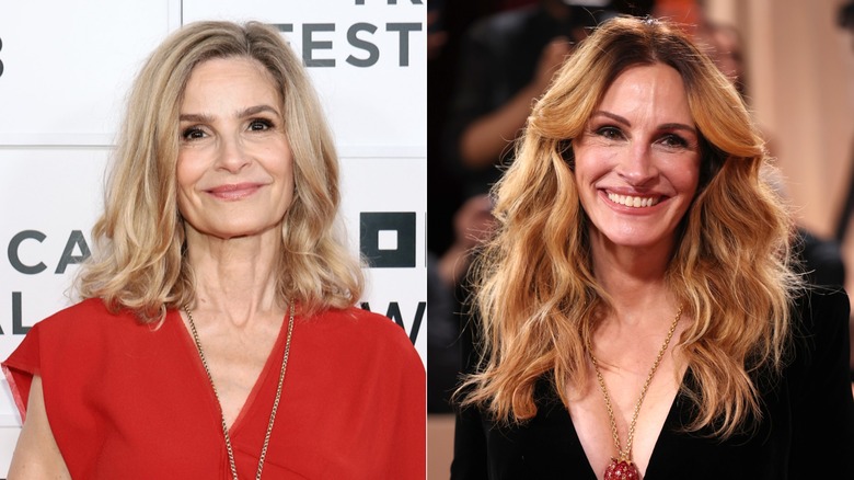 Side-by-side photos of Kyra Sedgwick and Julia Roberts with wavy blond hair