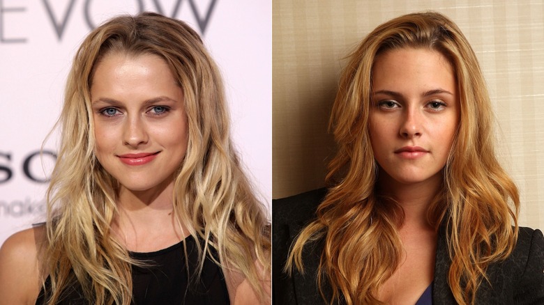 Side-by-side photos of Teresa Palmer and Kristen Stewart, both with wavy blond hair