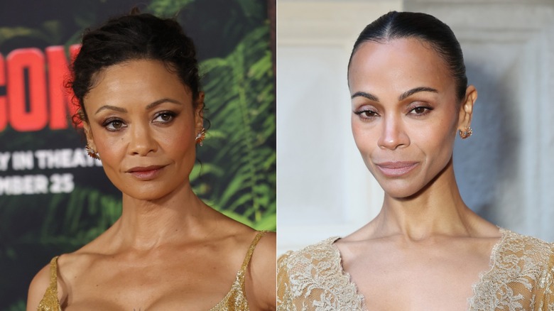 Side-by-side photos of Thandiwe Newton and Zoe Saldaña