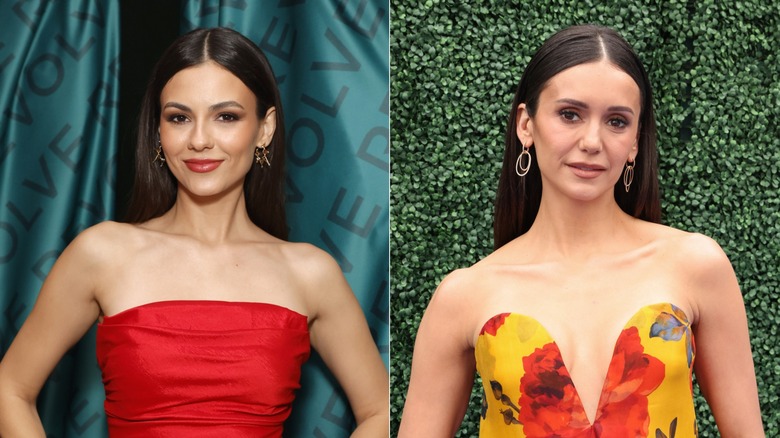 Side-by-side photos of Victoria Justice and Nina Dobrev wearing strapless dresses with their hair pushed back