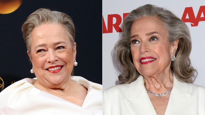 Side-by-side photos of Kathy Bates before and after her weight loss