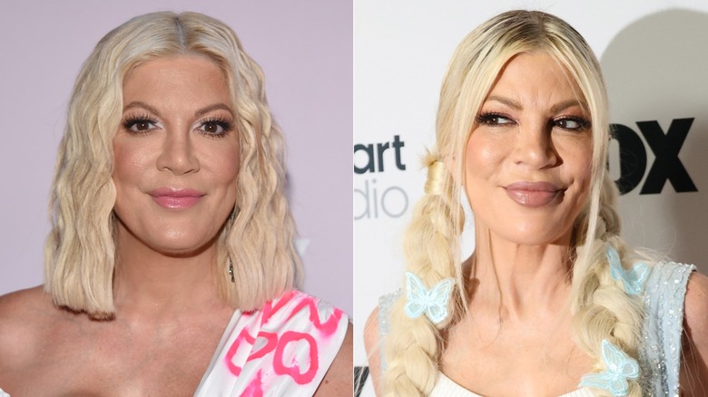 Side-by-side photos of Tori Spelling before and after her weight loss