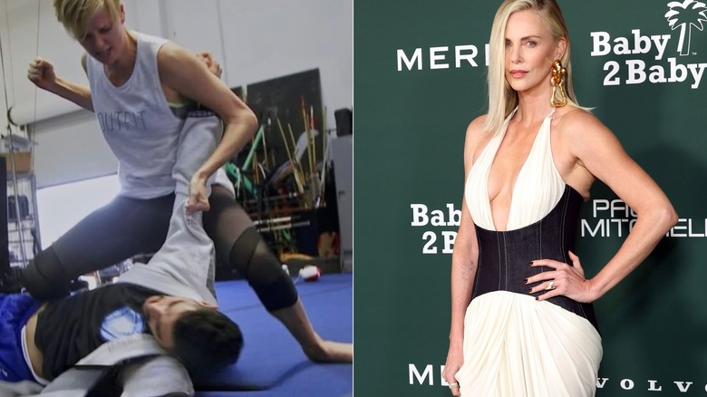 Charlize Theron training vs. red carpet look