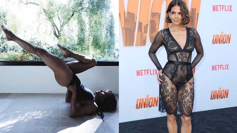 Halle Berry doing Pilates vs. red carpet look