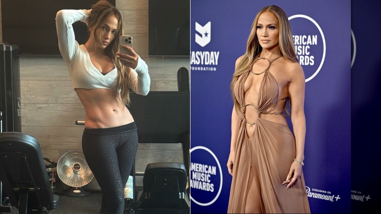 Jennifer Lopez workout photo vs. red carpet look