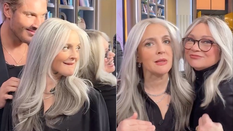 Drew Barrymore and Valerie Bertinelli wearing icy gray wigs