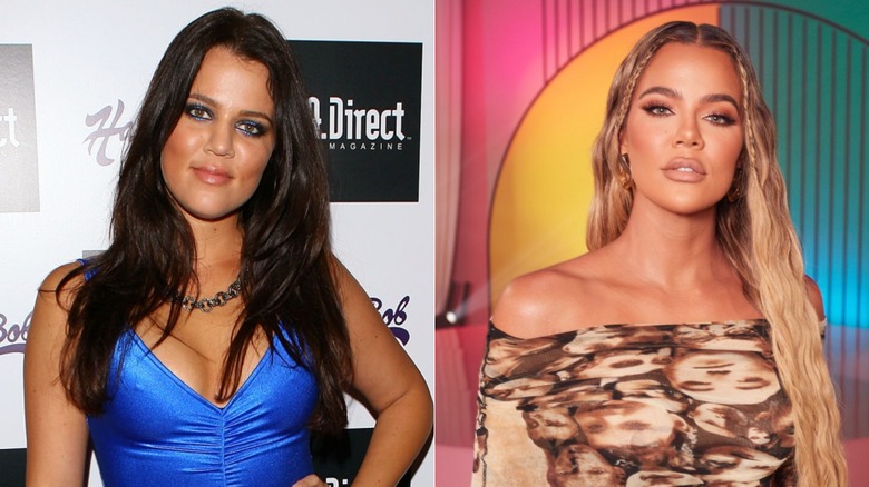 Khloe Kardashian in a blue dress and later, in a brown dress with blonde hair
