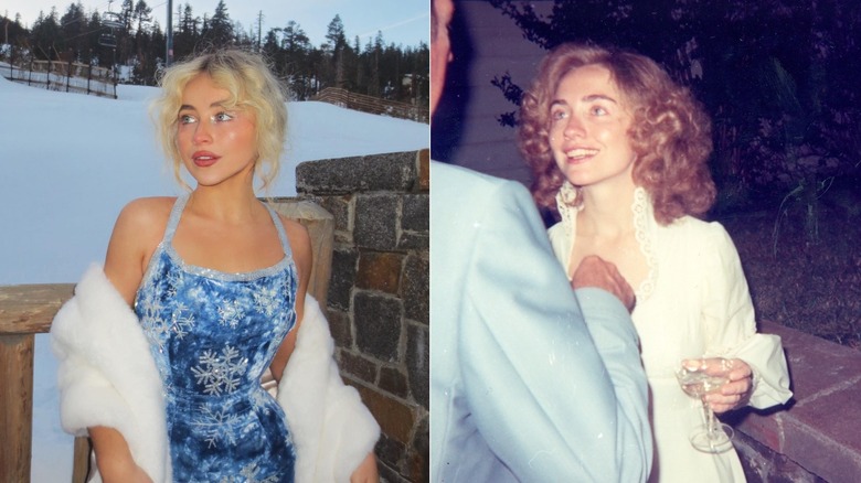 Split image of Sabrina Carpenter and Hillary Clinton looking up and offscreen