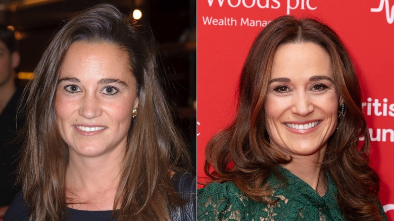 Pippa Middleton in black and later, Pippa Middleton in green smiling at the camera