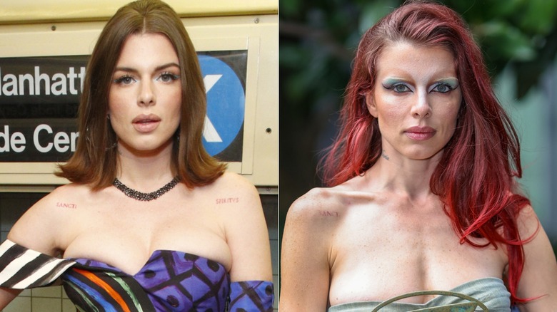 L: Julia Fox attends the Moschino Prefall 2020 Runway Show front row at New York Transit Museum on December 09, 2019, California/ R: Julia Fox attends the Diesel show in 2023