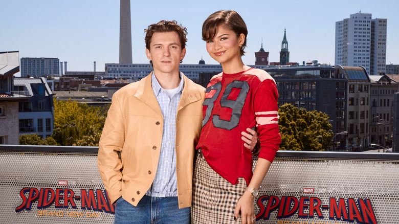 Tom Holland and Zendaya posing at "Spider-Man: Brand New Day" event, 2026