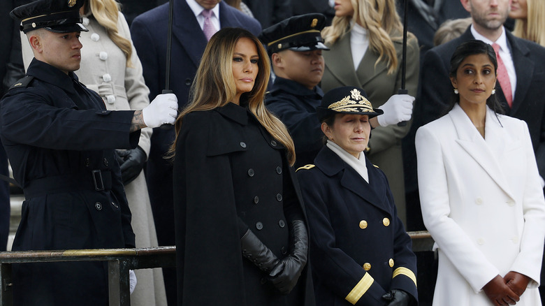 Melania Trump and Usha Vance at a wreath-laying ceremony at Arlington National Cemetery on January 19, 2025