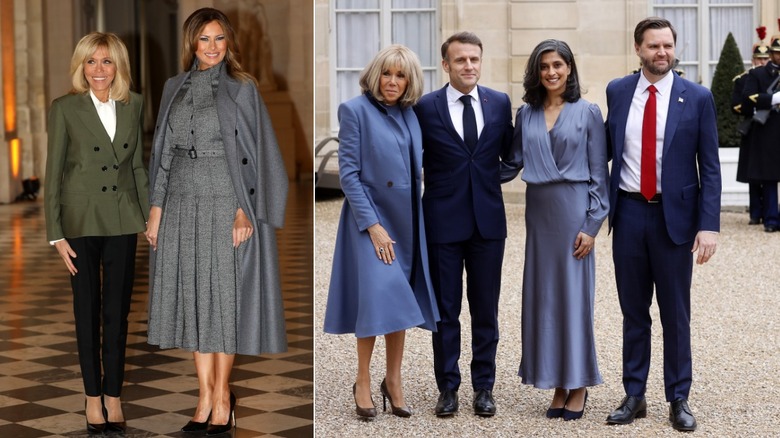Brigitte Macron and Melania trump at Versailles in 2018/usha vance and Brigitte macron February 2025