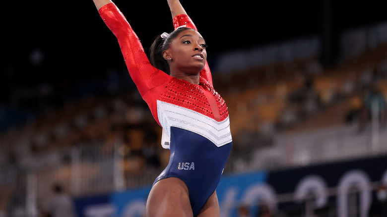 Simone Biles wears red, white, and blue leotard at Tokyo Olympics in 2021