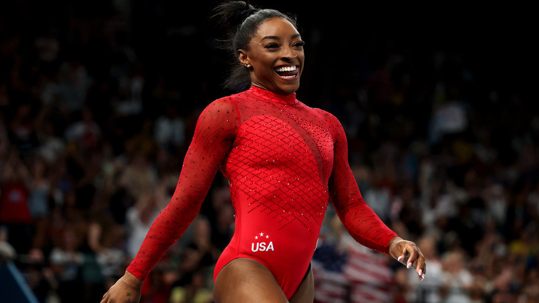 Simone Biles wears sparkly red leotard at the 2024 Paris Olympics