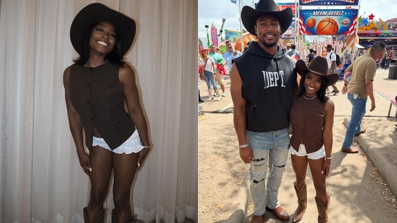Split image of Simone Biles posing alone and with her husband while wearing a sleeveless button up and ruffly white shorts