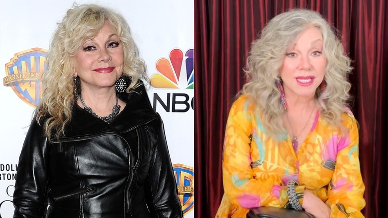 An image of Stella Parton with blond hair and an image of Stella Parton with more silver toned hair