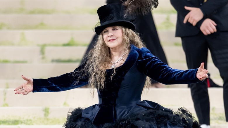 Stevie Nicks posing on the red carpet at the 2026 Met Gala in a ballgown and top hat
