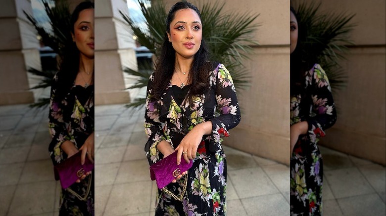 Woman in printed dress