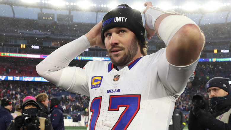 Josh Allen #17 of the Buffalo Bills looks on after beating the New England Patriots December 14, 2025