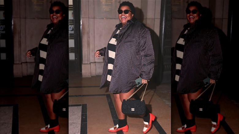 happy model black-white stripes