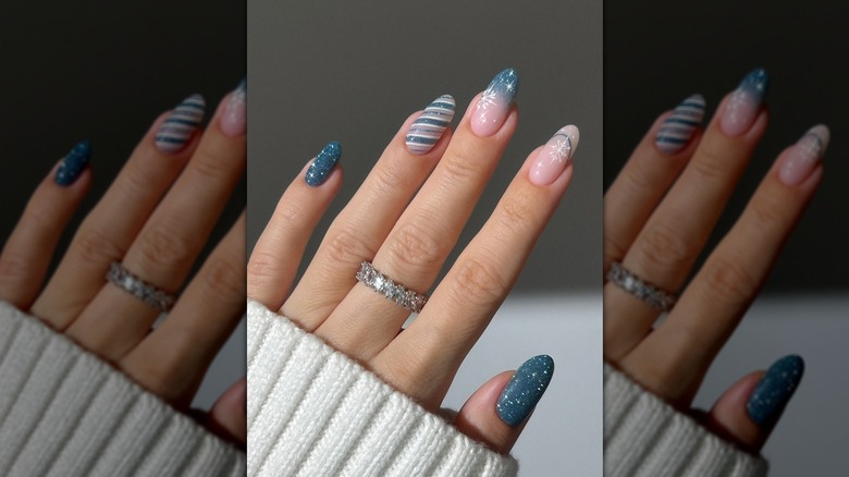 Sparkly snow and stripe nails