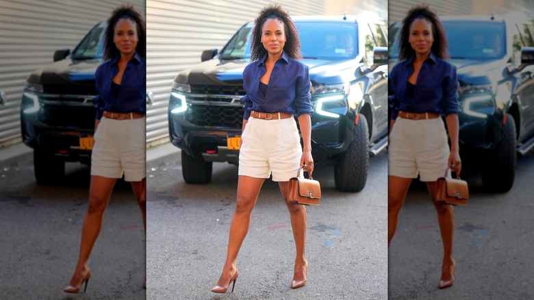 Kerry Washington wearing shorts and an open shirt at the 2024 US Open