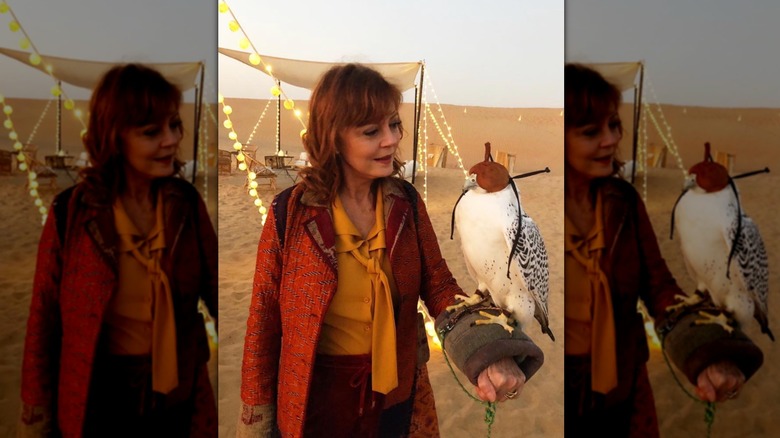 Susan Sarandon looking at a falcon perched on her arm