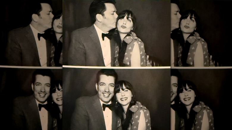 Black and white photobooth photo strip of Zooey Deschanel and Jonathan Scott posing in formal wear
