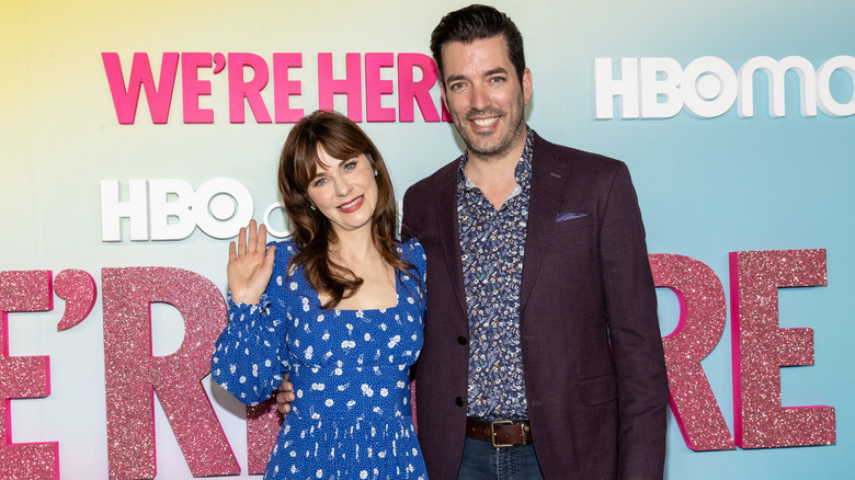 Zooey Deschanel and Jonathan Scott attend the Los Angeles premiere of Season 2 of HBO's unscripted series 'WE'RE HERE' at Sony Pictures Studios on October 08, 2021