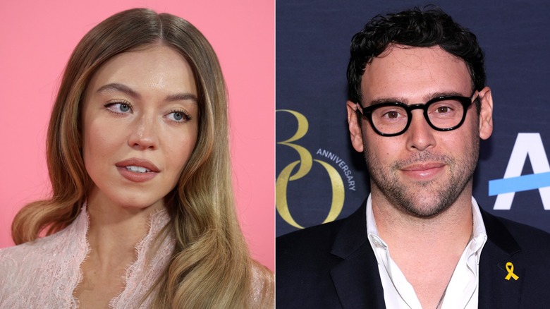 Side-by-side head shots of Sydney Sweeney and Scooter Braun