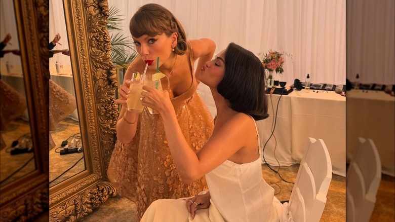 Taylor Swift in a gold dress and Selena Gomez's wedding