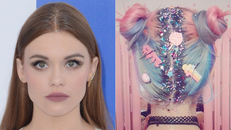 Holland Roden with subtle glitter in her hair next to a photo of dramatic glitter roots
