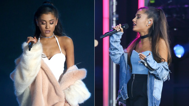 Ariana Grande with her jackets around her elbows in 2016