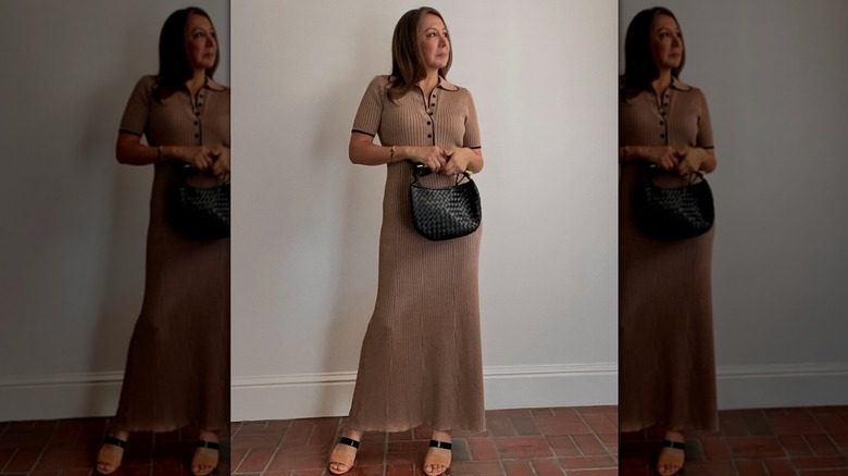 A woman in a long, ribbed dress