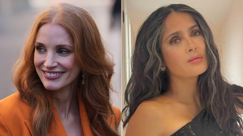 Jessica Chastain smiling with gray roots and Salma Hayek with a neutral expression showing gray money pieces