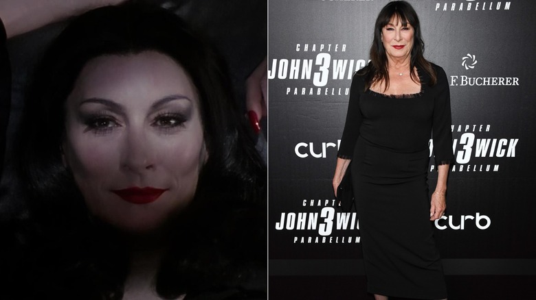 Anjelica Huston as Morticia Addams and at the New York City premier of John Wick: Chapter 3