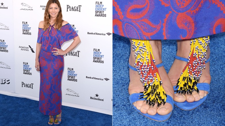 Jessica Biel wearing a blue dress with fringed beaded sandals